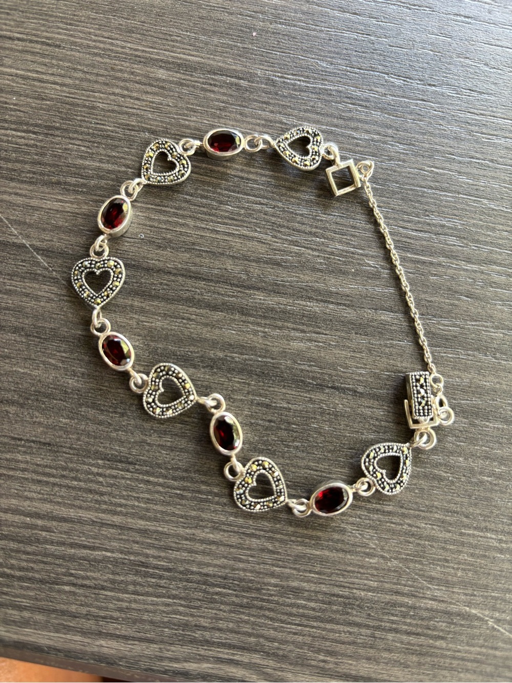 Vintage Sterling Silver Heart Link Bracelet with Garnet Red Stones